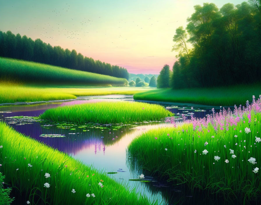 Tranquil landscape with green fields, river, flowers, and birds