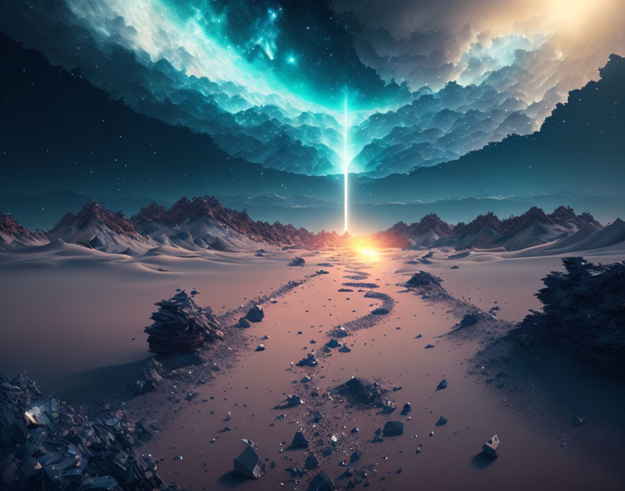 Surreal landscape with glowing sunset beam, mountains, and blue nebula