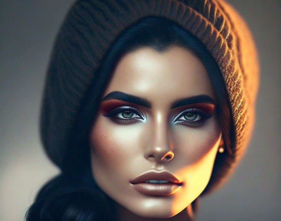 Portrait of Woman with Blue Eyes, Brown Beanie, Red Eyeshadow