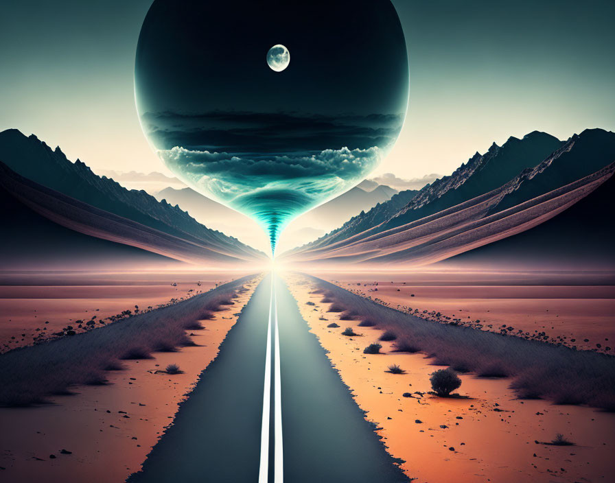 Surreal landscape: road to floating sphere, swirling tunnel, moonlit sky