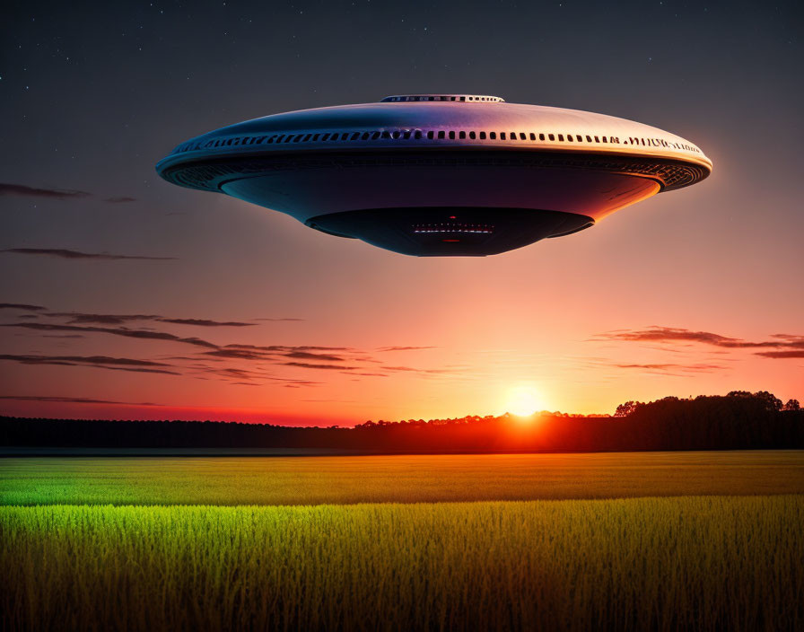 Detailed UFO hovering over green field at sunset