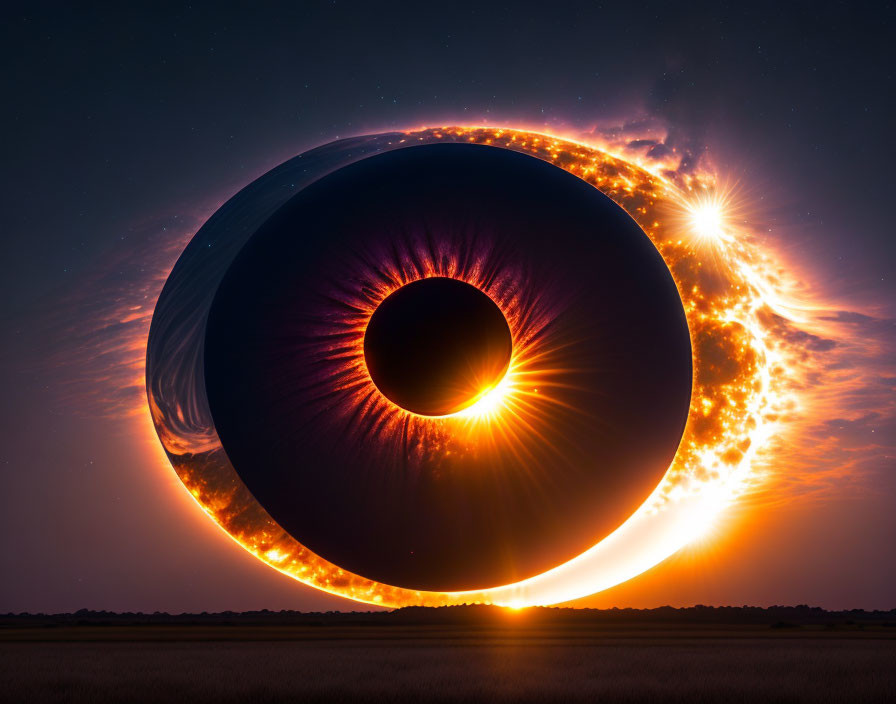 Surreal twilight landscape with celestial eye and eclipse merge