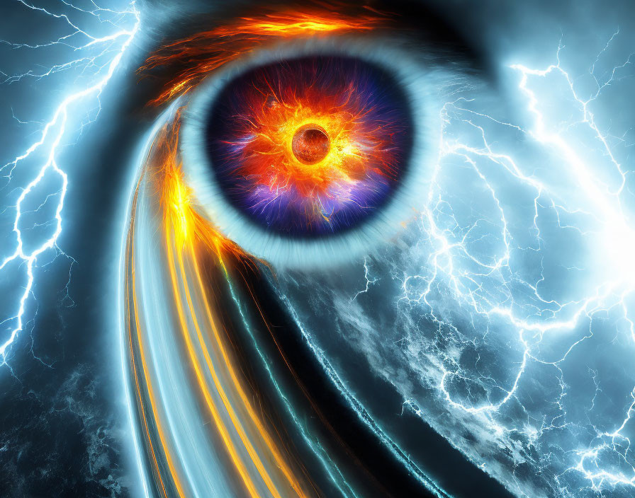 Colorful Eye with Orange and Blue Lightning in Cosmic Storm