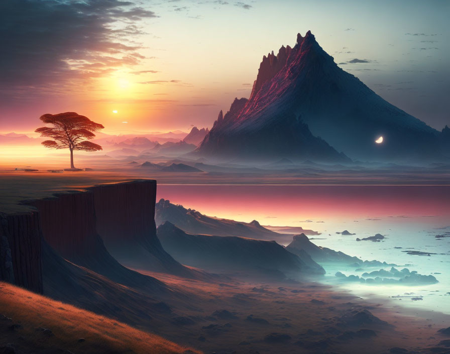 Tranquil sunrise landscape with tree, mountains, clouds, and vibrant sky