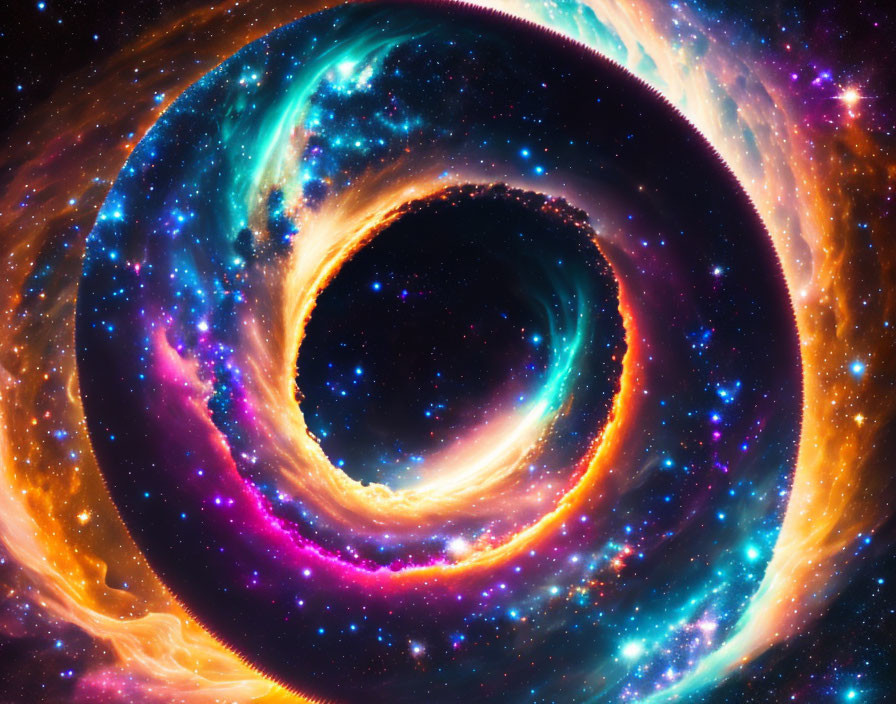 Colorful digital artwork of black hole and accretion disk in space