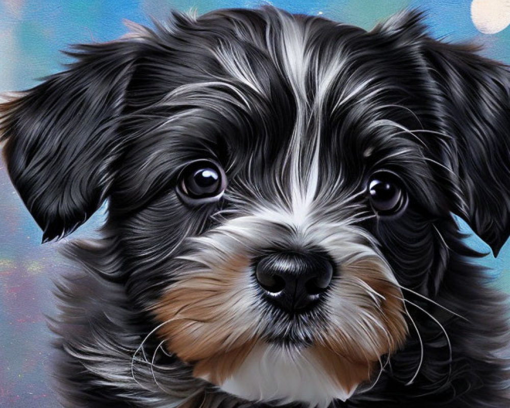 Detailed black and gray puppy painting on speckled blue background