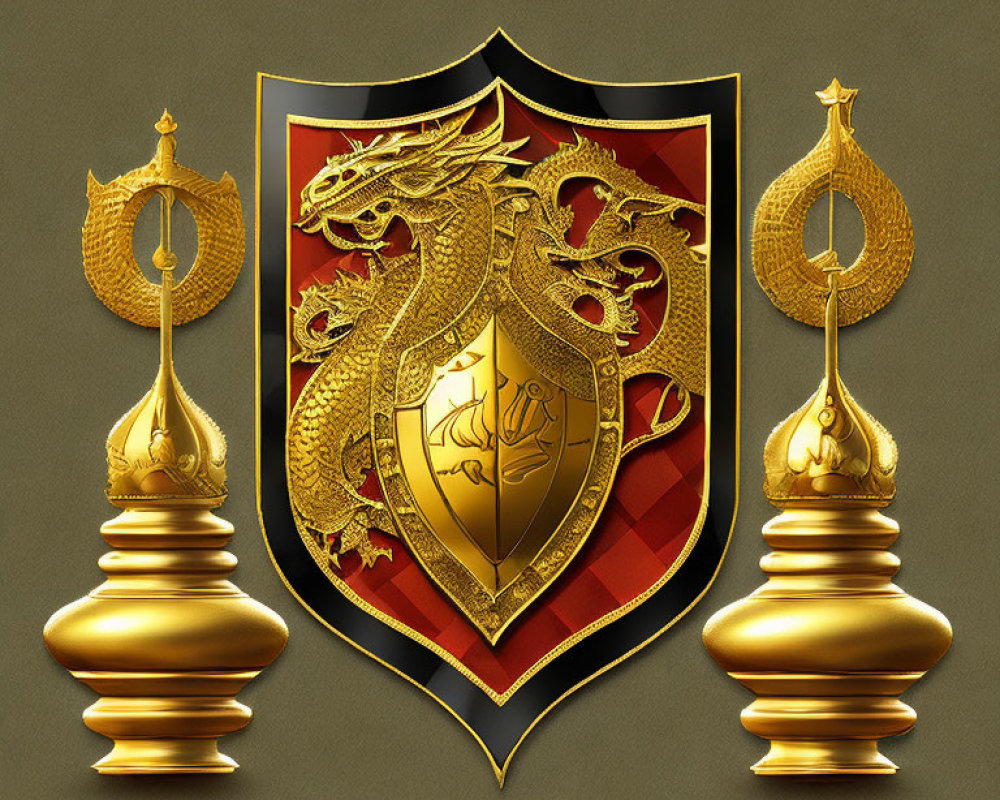 Golden Dragon Emblem on Red Shield with Thai-Style Ornaments on Beige Background