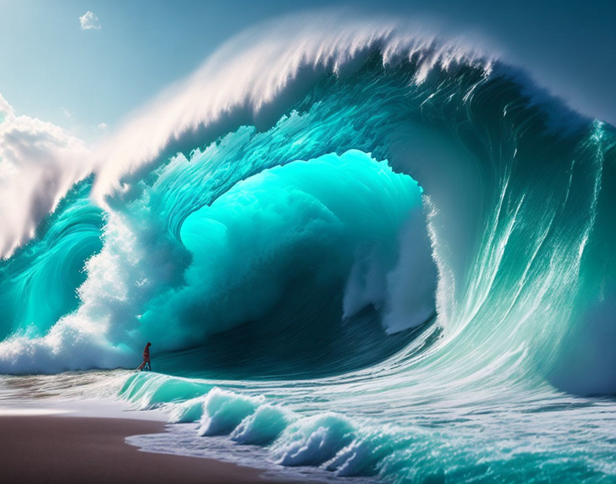 Turquoise wave towering over person on beach with sunlight glow