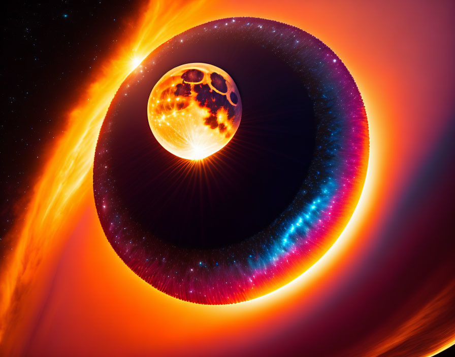 Colorful cosmic illustration of fiery planet with radiant rings in orange and red nebula clouds