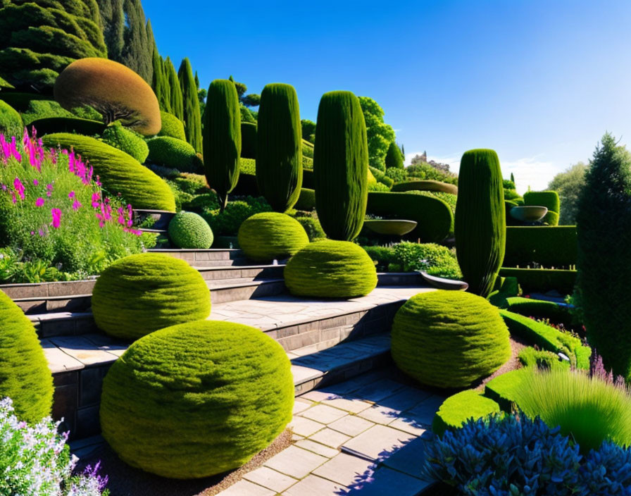 Manicured garden with sculpted hedges, topiaries, flowers, stone path