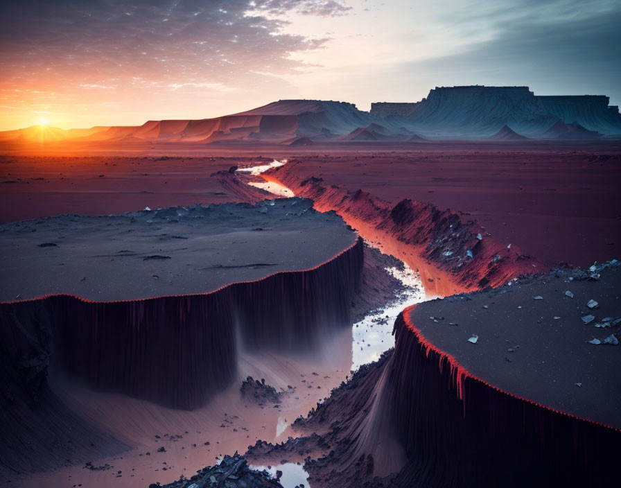 Desert sunset with winding river and red sands