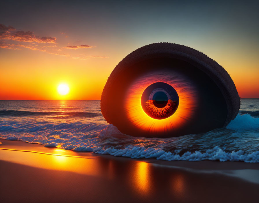 Giant eye in tire at beach sunset with gentle waves