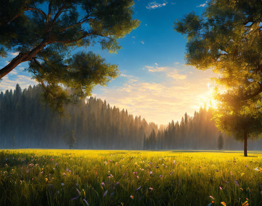 Serene meadow sunrise with wildflowers and forest backdrop