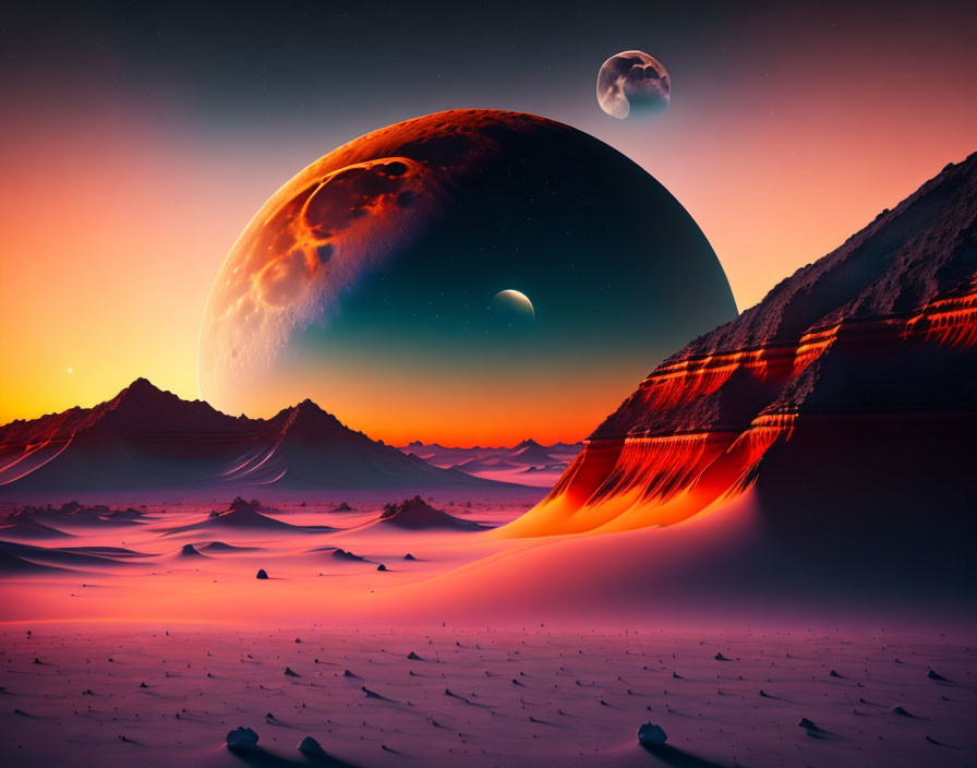 Surreal cosmic landscape with planets, lava, and mountains