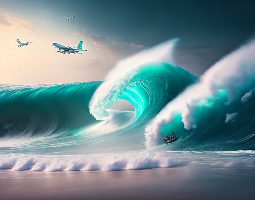 Large Turquoise Wave Curling Over Fishing Boat with Colorful Sky