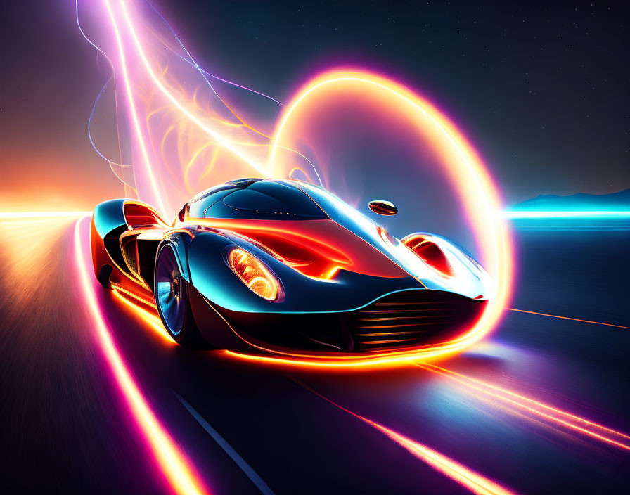 Black sports car with neon light trails on futuristic horizon