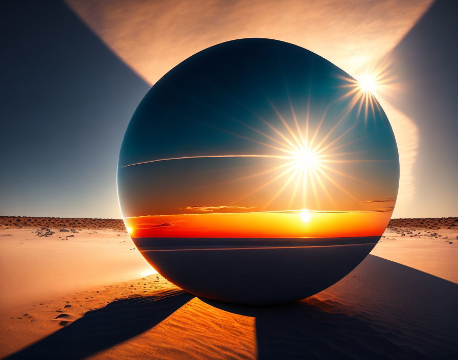 Sunset desert landscape with reflective sphere and bright flare