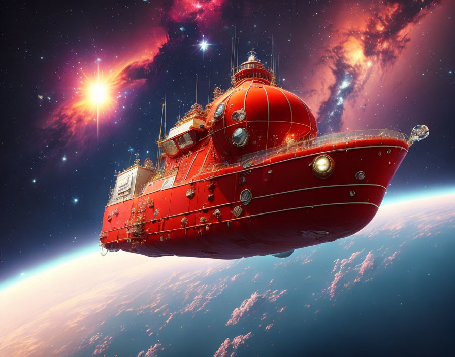 Red retro-futuristic submarine spacecraft in space with Earth's horizon and star-filled nebula