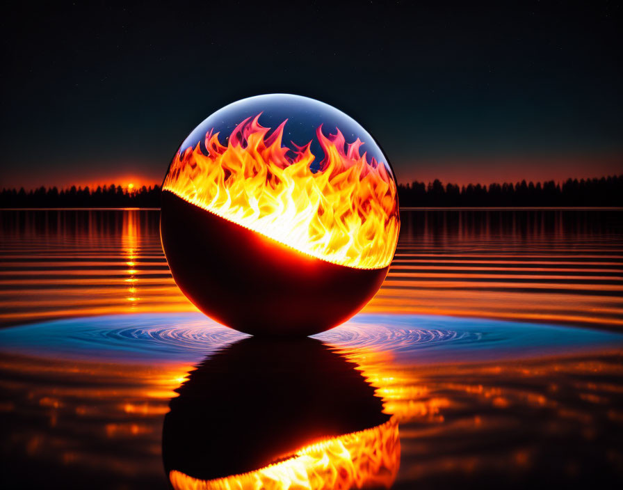 Glossy Sphere with Fiery Patterns Reflecting on Tranquil Water Surface at Twilight