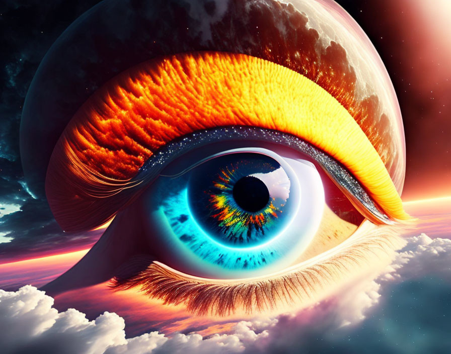 Detailed surreal human eye with colorful iris on cosmic background