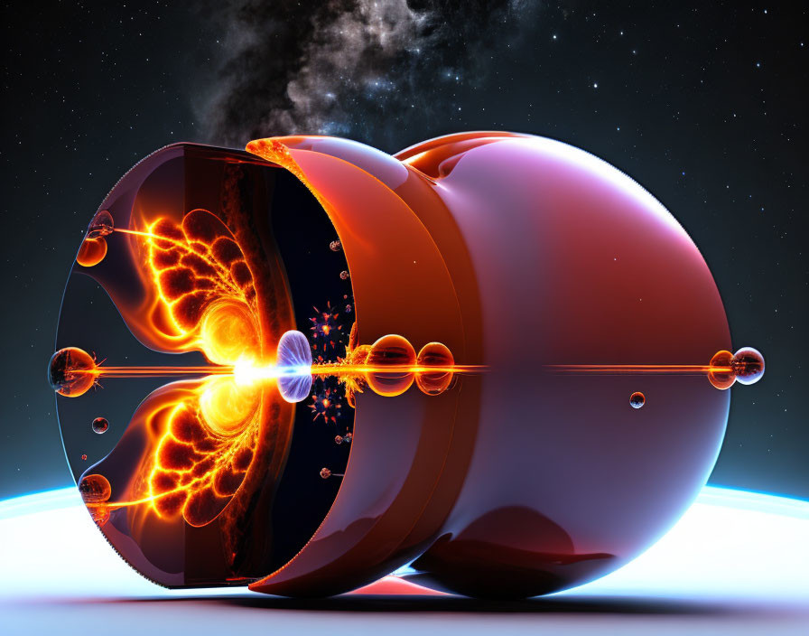 Digital illustration of sliced open sphere with glowing core amidst smaller spheres on cosmic backdrop.