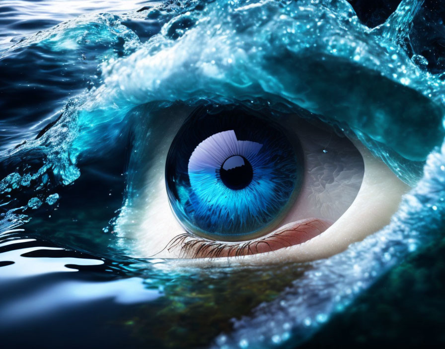 Vivid blue human eye with surreal water wave symbolism