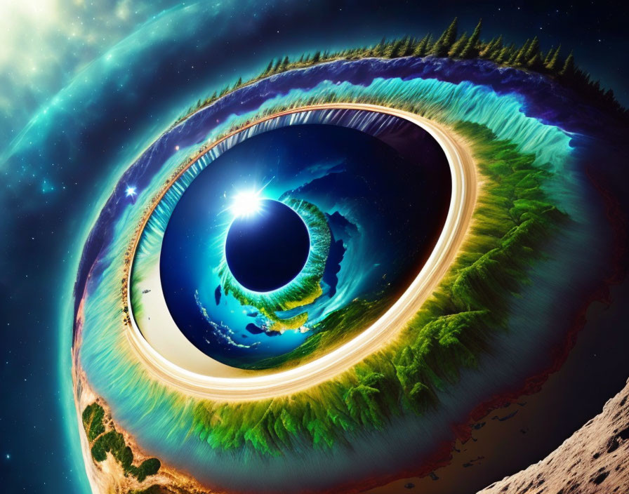 Surreal planetary landscape with giant eye shape, blue oceans, green landmasses, starry