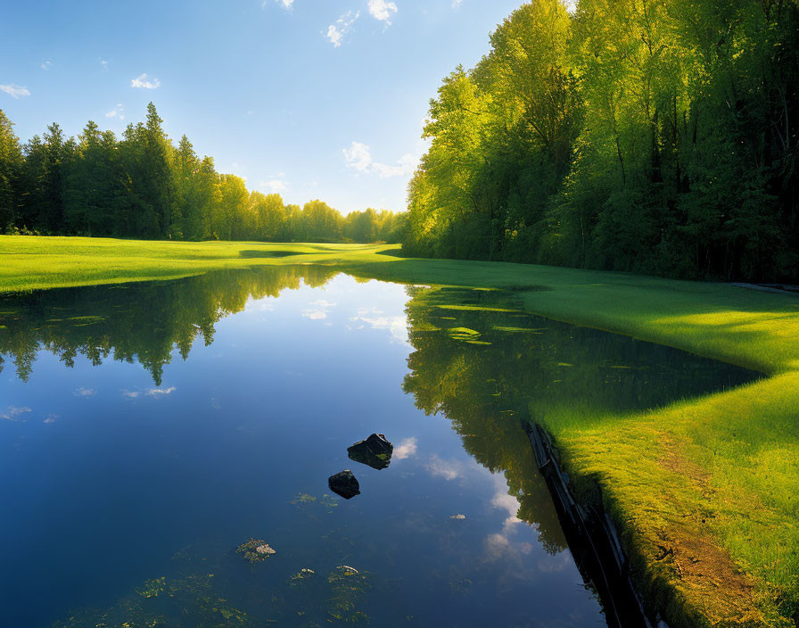 Tranquil lake mirroring lush forest under clear blue sky