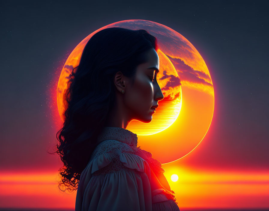 Profile of a woman with oversized red sun halo at twilight