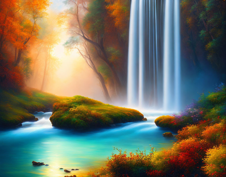 Vivid autumn landscape with waterfall, lush trees, and serene river