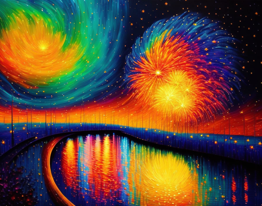 Nighttime painting with bridge, fireworks, and starry sky in Van Gogh style