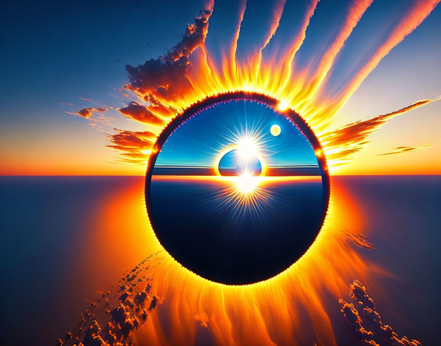 Circular Lens Flare Effect Over Ocean Horizon at Sunset