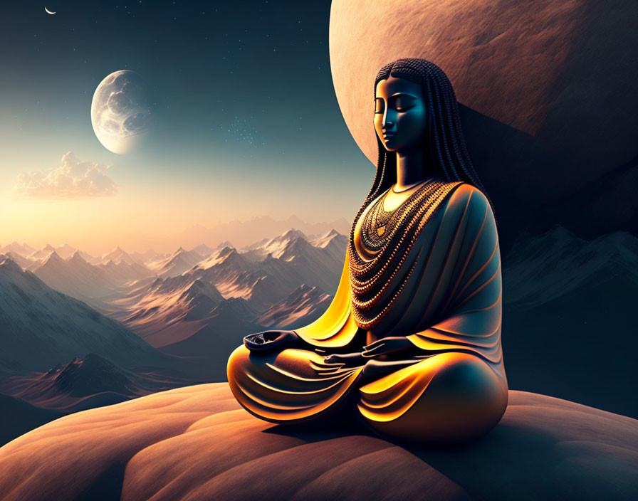 Meditating figure in moonlit mountain landscape