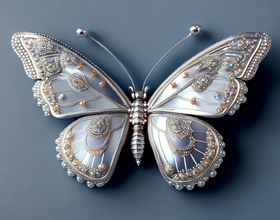 Intricate Jeweled Butterfly Brooch with Pearls and Rhinestones