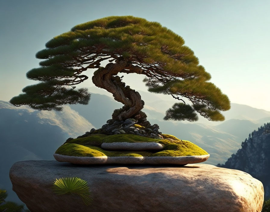 Twisted bonsai tree on mossy rock in mountain landscape