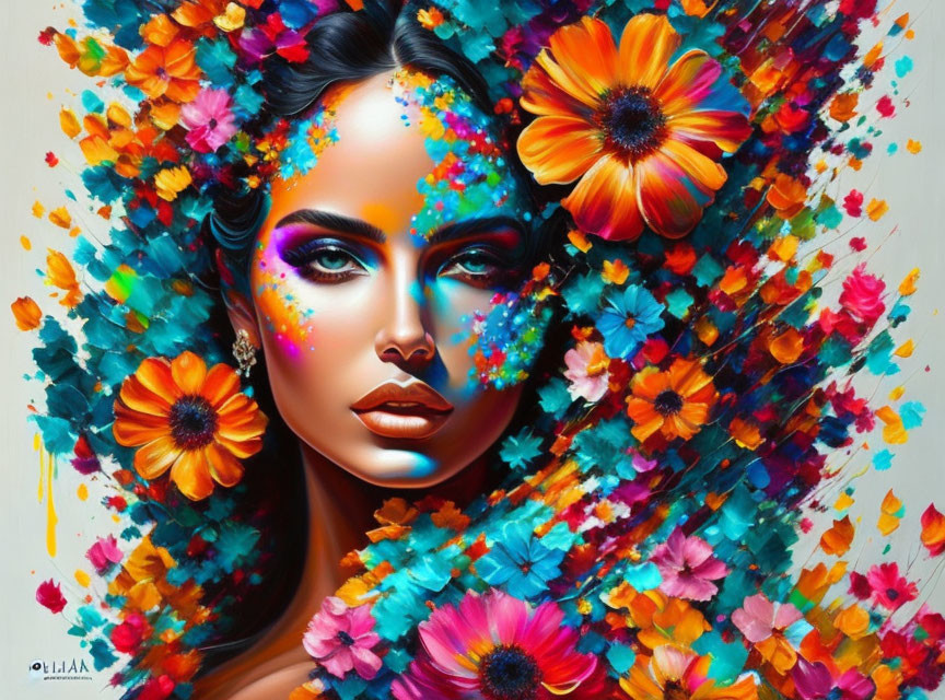 Colorful makeup and floral hair in vibrant woman portrait