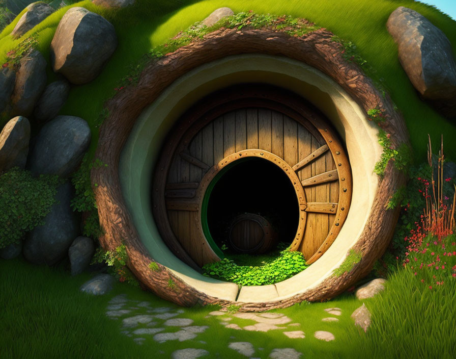 Round hobbit-style door in lush green hillside evokes magical atmosphere