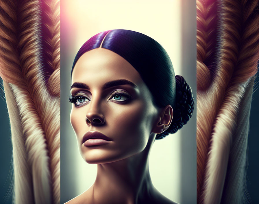 Digital artwork: Woman with sleek hair, large braids, green eyes, serene expression on gradient background