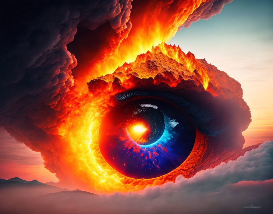 Surreal image: eye over volcano with cosmic reflection