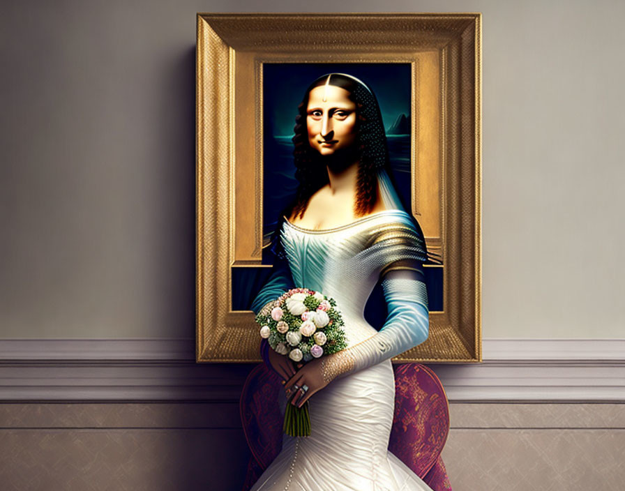 Framed portrait of Mona Lisa in modern bridal gown