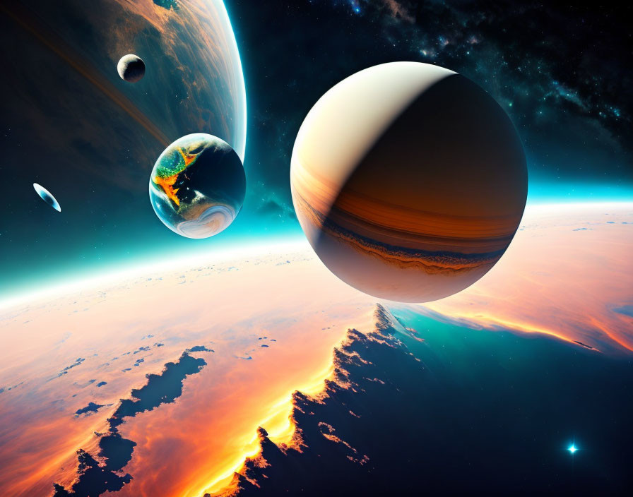 Colorful Space Scene with Ringed Planet and Celestial Bodies