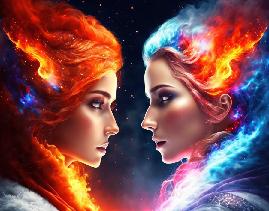 Fiery and Icy Hair Women in Cosmic Background