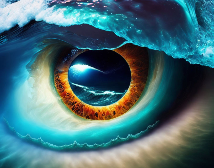 Surreal image: Human eye merges with ocean wave