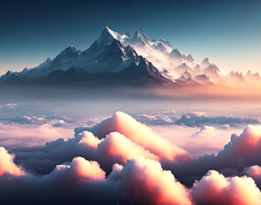 Snow-capped mountain peaks above clouds at sunrise or sunset