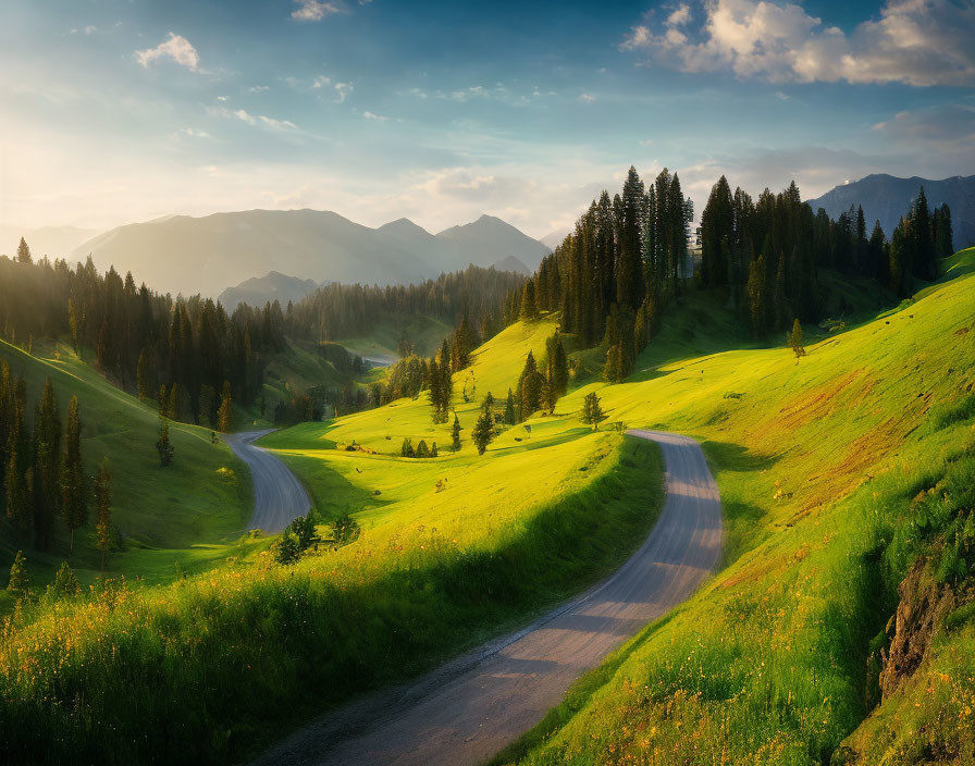 Scenic landscape: winding road, green hills, trees, mountains, glowing sunset