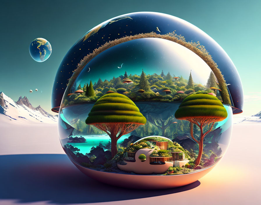 Transparent sphere with trees, water, mountains, and distant planet