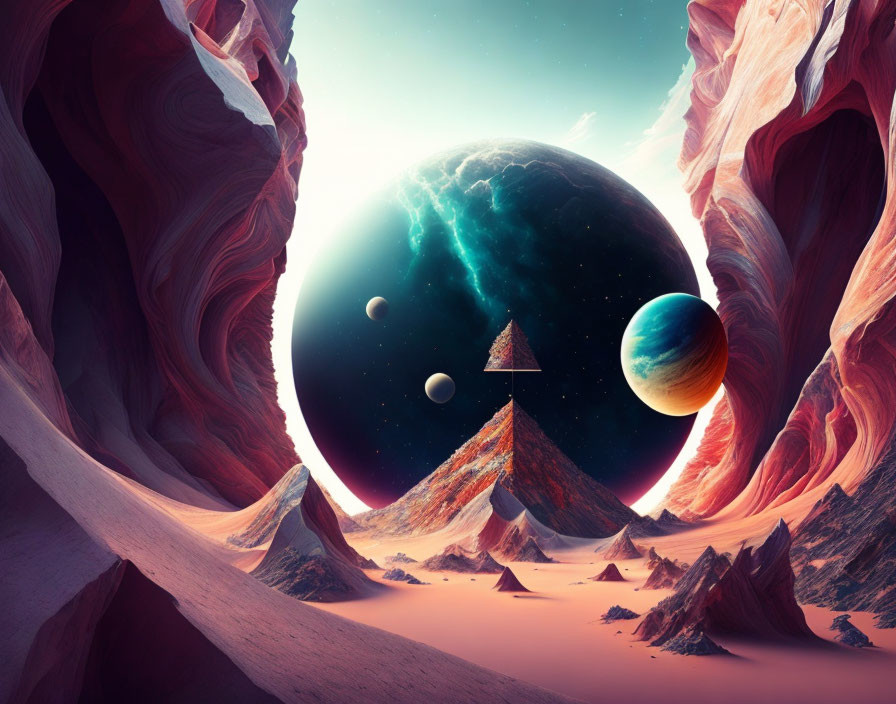 Surreal landscape featuring canyon view with large planet and pyramid