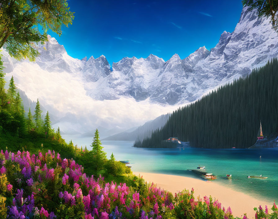 Scenic mountain lake with purple flowers, pine forests, boats, and snowy peaks