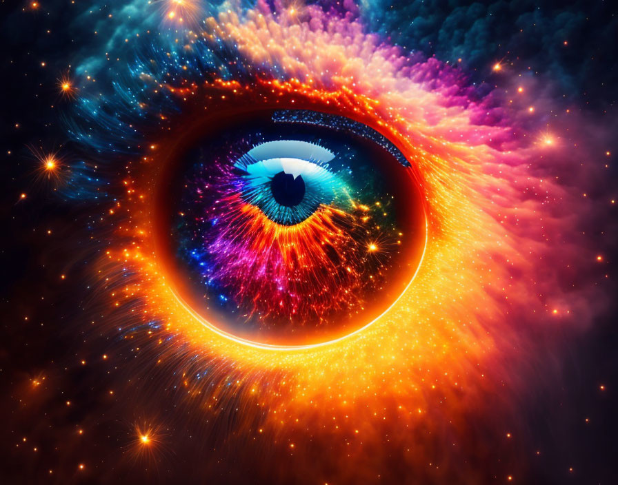 Colorful cosmic nebula effect on human eye in digital art