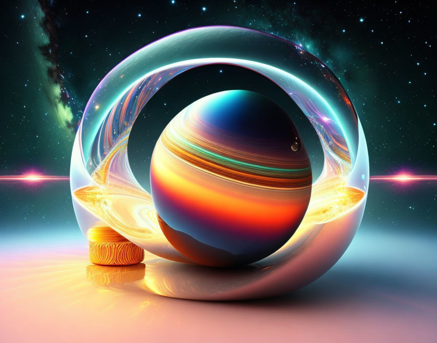 Colorful cosmic landscape reflected in glossy spheres